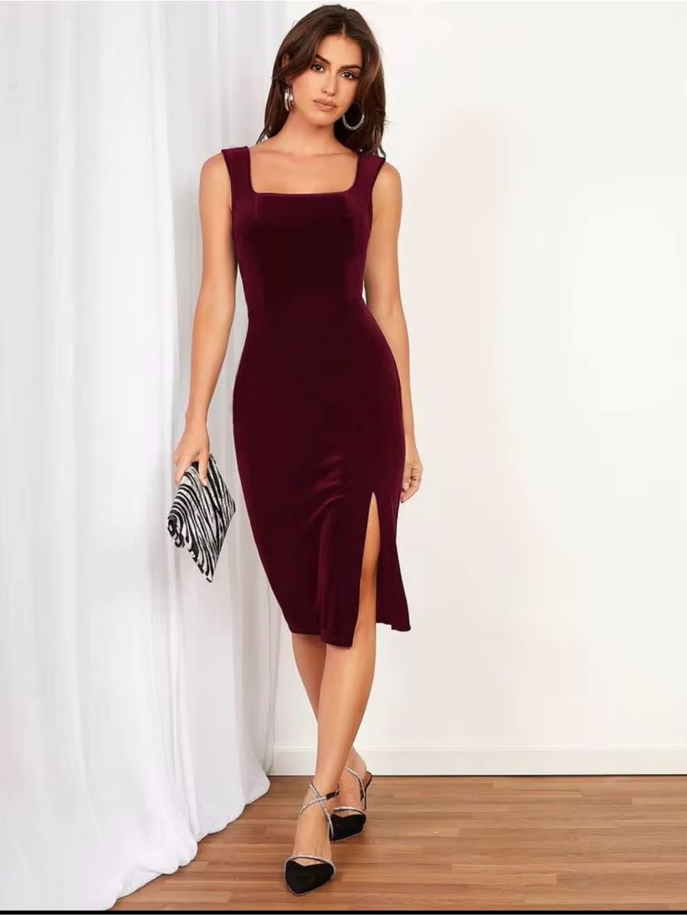SHEIN Burgundy Sleeveless Square-Neck Midi Dress with Front Slit